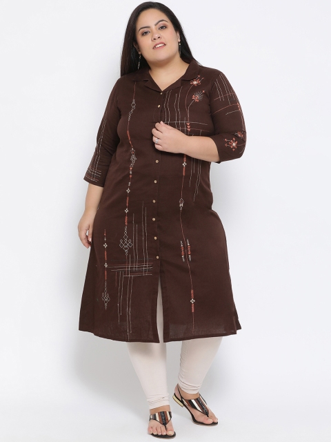 

Kira Plus Women Brown Embroidered Linen Straight Kurta