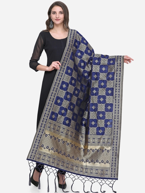 

Satrani Navy Blue Printed Banarasi Jacquard Dupatta