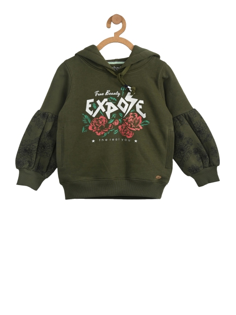 

Stupid Cupid Girls Olive Green Printed Hooded Sweatshirt