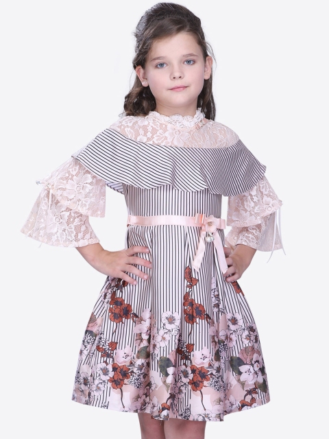 

CUTECUMBER Girls Peach-Coloured & Navy Blue Striped Fit and Flare Dress