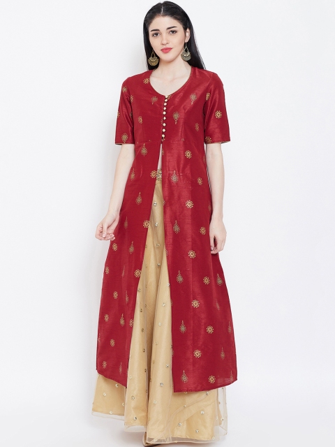 

studio rasa Women Maroon & Beige Block Printed Kurta with Skirt