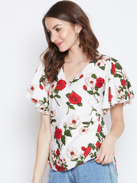 

Berrylush Women White & Red Floral Printed Wrap Top