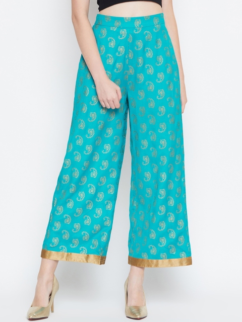 

PANIT Women Turquoise Blue Printed Wide Leg Cropped Palazzos
