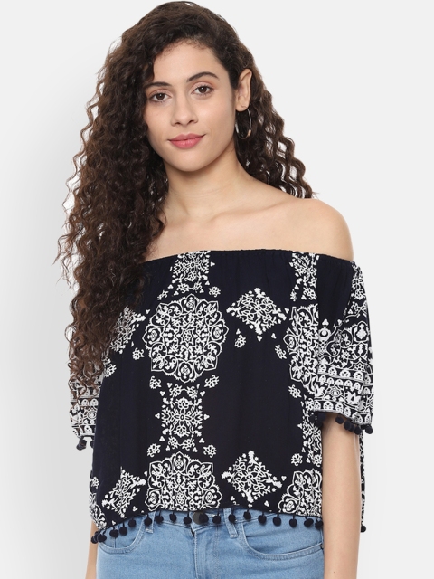 

People Women Navy Blue Printed Bardot Top