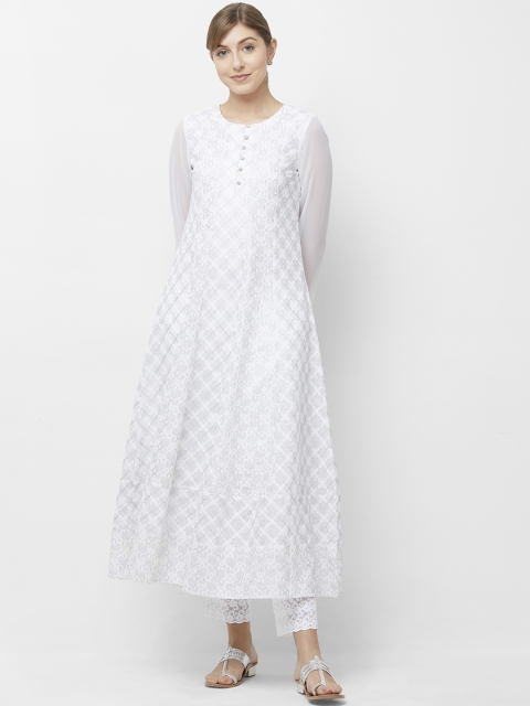 

Naari Women White Embroidered A-Line Calf-Length Kurta