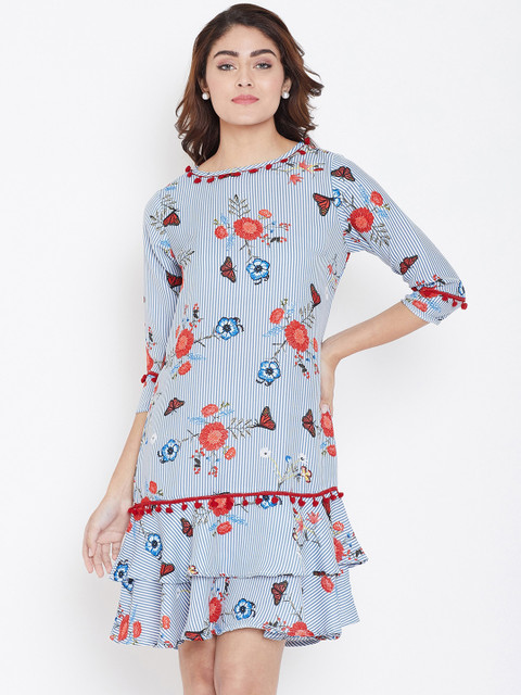 

FIZERA Women Blue Floral Print Drop-Waist Dress