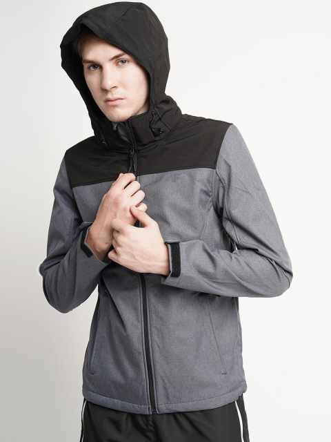 

4F Men Grey Melange & Black Colourblocked Hooded Tailored Jacket
