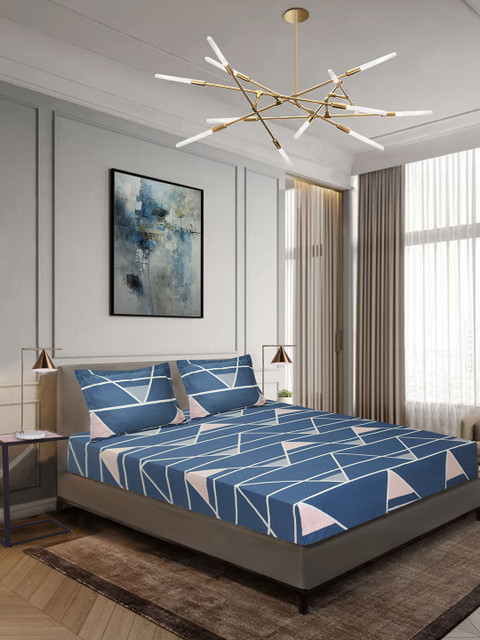 

Aura Blue Geometric 144 TC Cotton 1 King Bedsheet with 2 Pillow Covers