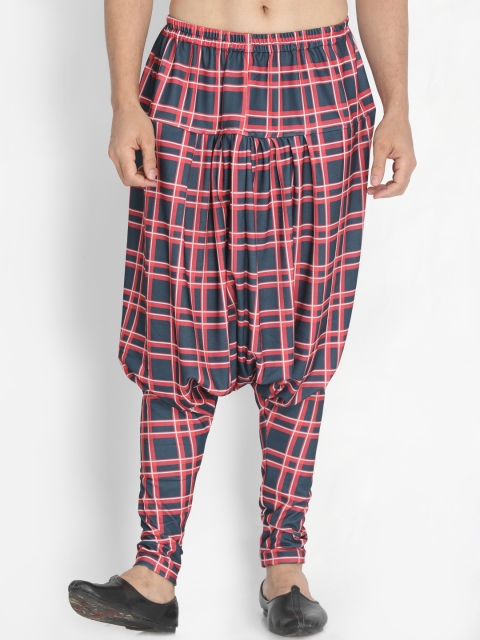 

VASTRAMAY Men Navy Blue & Red Checked Harem Pants