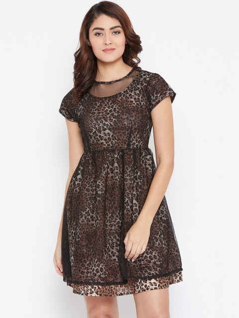 

FIZERA Women Black & Brown Animal Printed Fit and Flare Dress