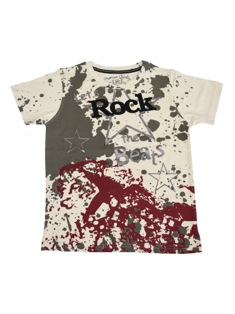Lil Tomatoes Boys Cream-Coloured & Olive Green Printed Round Neck T-shirt