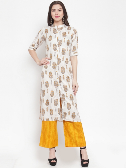 

Aujjessa Women White & Mustard Yellow Printed Kurta with Palazzos