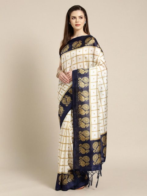 

Ishin Cream-Coloured Checked Art Silk Saree