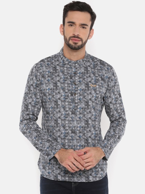 

The Indian Garage Co Men Grey & Blue Printed Straight Kurta