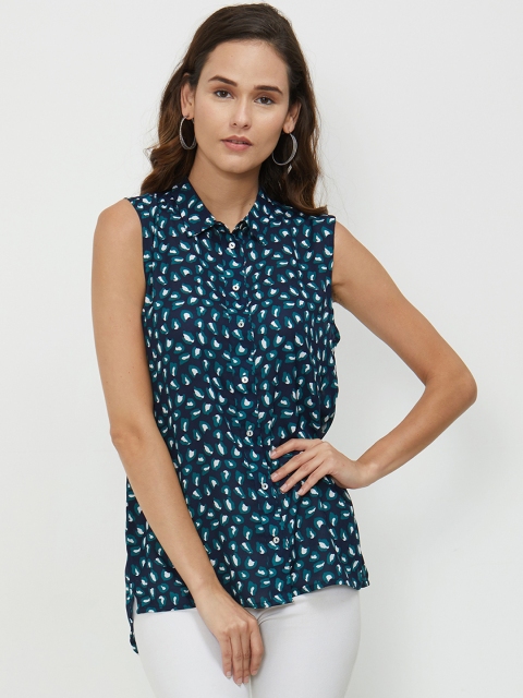 

The Beach Company Women Navy Blue & Teal Green Printed High-Low Top