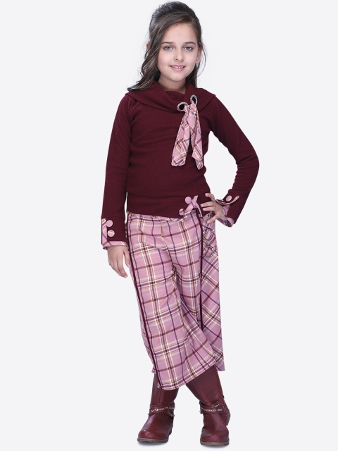 

CUTECUMBER Girls Maroon & Pink Checked Top with Trousers