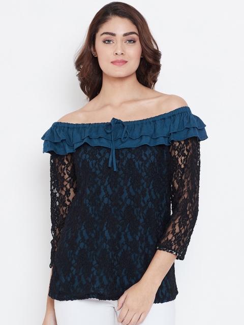 

FIZERA Women Teal Green & Black Self Design Bardot Top