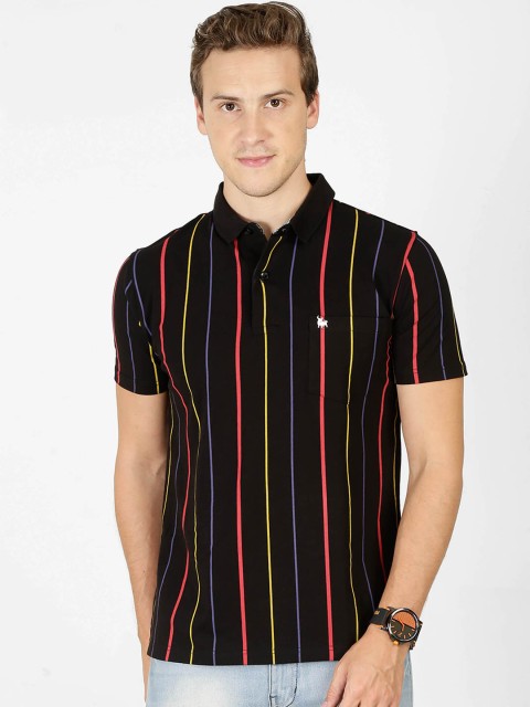 

BULLMER Men Black Striped Polo Collar T-shirt