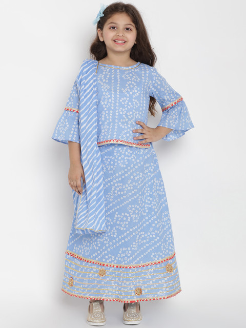

Bitiya by Bhama Girls Blue & White Printed Ready to Wear Lehenga & Blouse with Dupatta