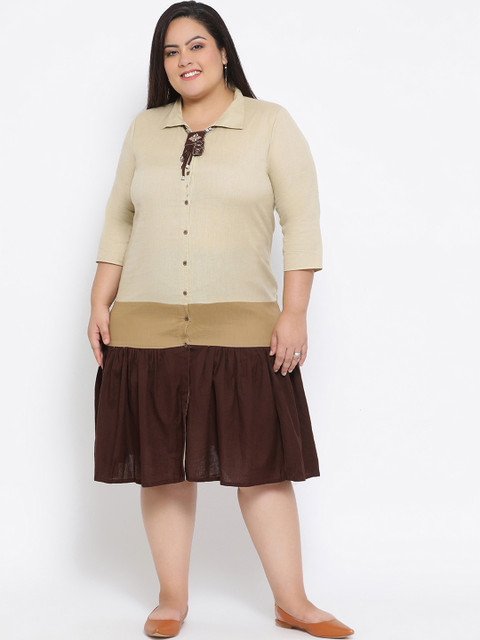 

Kira Plus Women Beige & Brown Colourblocked Shirt Linen Dress With Embroidered Neckpiece