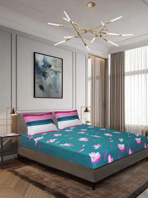 

Aura Teal Green & Pink Floral 120 TC Polyester 1 Queen Bedsheet with 2 Pillow Covers