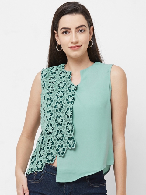 

Soie Women Green Self Design High-Low Top