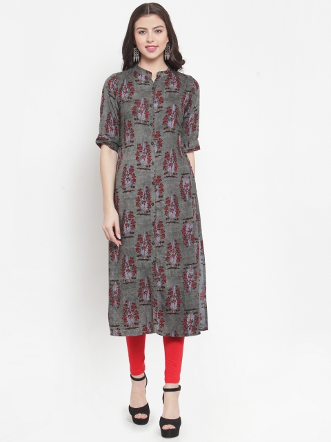 

Aujjessa Women Grey & Red Printed Straight Kurta