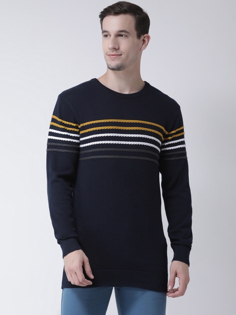 

Club York Men Navy Blue & Yellow Striped Pullover Sweater