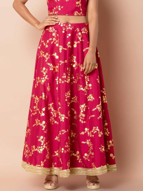

INDYA Women Red & Gold-Toned Foil Printed Flared Maxi Skirt