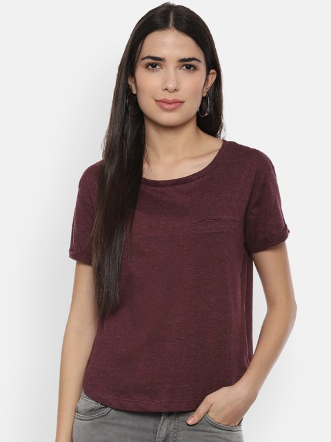 

People Women Maroon Solid Round Neck T-shirt