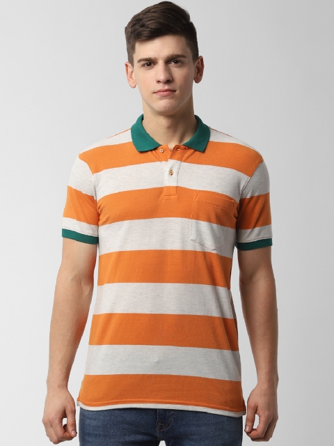 

Peter England Casuals Men Orange & Off-White Slim Fit Striped Polo Collar T-shirt