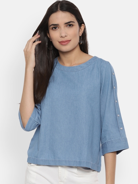

People Women Blue Solid Pure Cotton Top