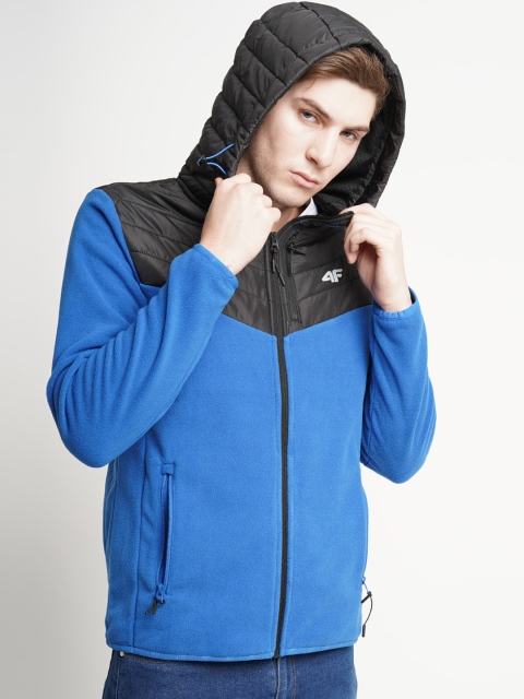 

4F Men Blue & Black Colourblocked Hooded Tailored Jacket