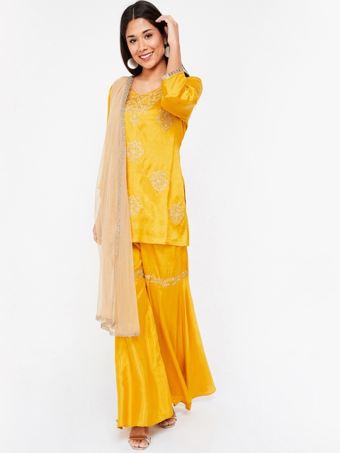 

Melange by Lifestyle Women Mustard Yellow Embroidered Kurta with Sharara & Dupatta