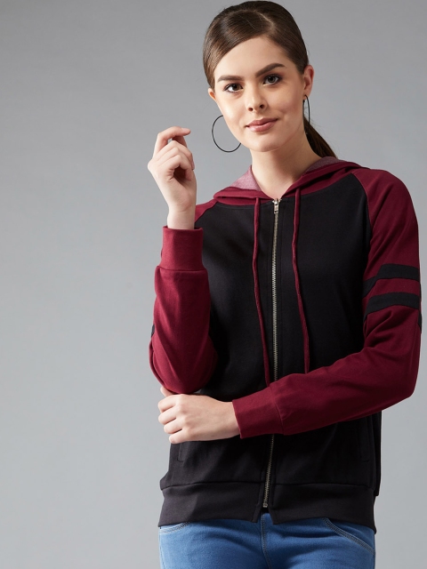 

DOLCE CRUDO Women Black & Maroon Solid Bomber Hooded Jacket