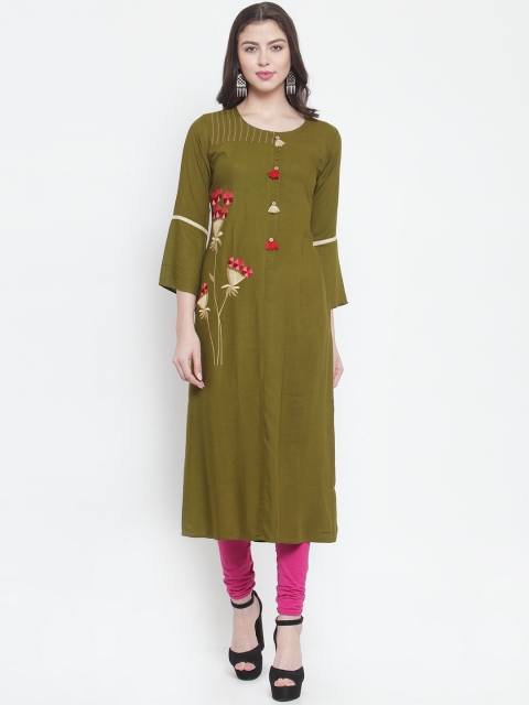 

Aujjessa Women Olive Green Solid Straight Kurta