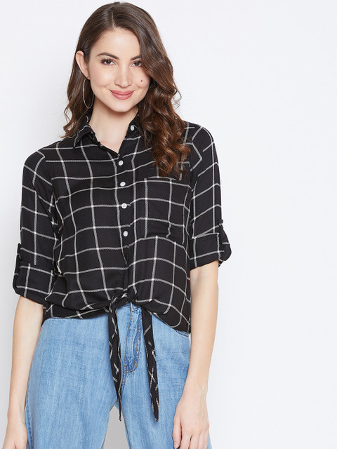 

Berrylush Women Black & White Checked Tie-Up Pure Cotton Shirt Style Pure Cotton Top