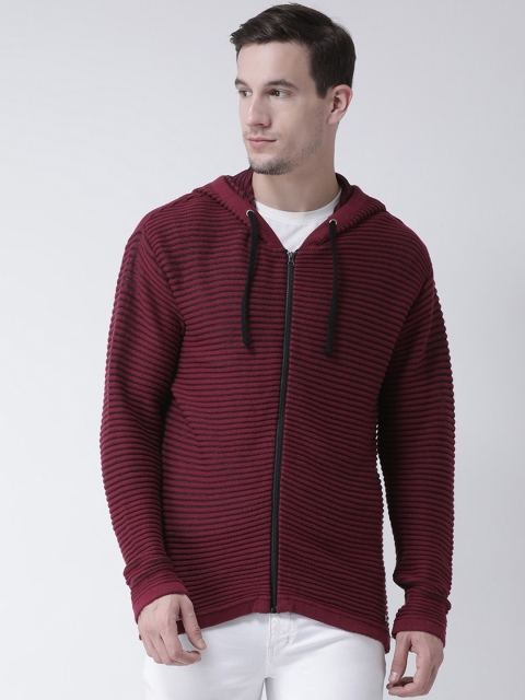 

Club York Men Maroon & Black Striped Hooded Cardigan Sweater