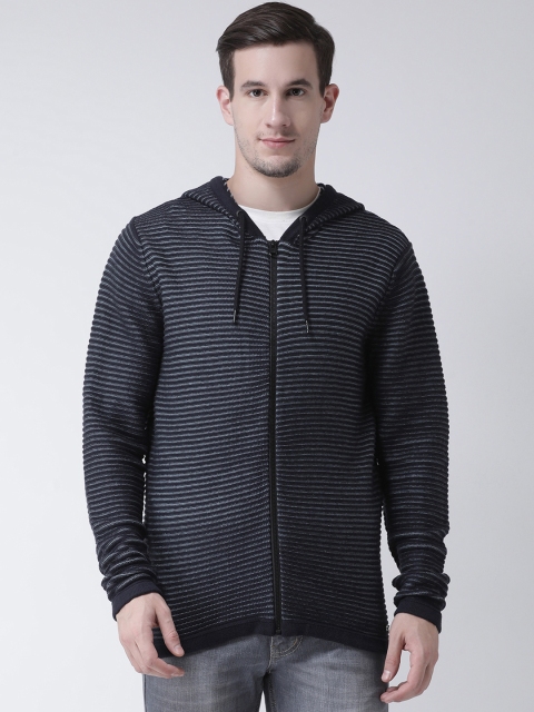 

Club York Men Navy Blue Striped Hooded Cardigan Sweater