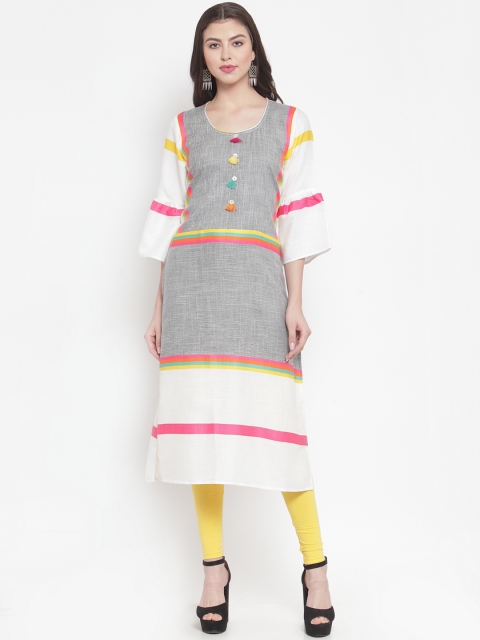 

Aujjessa Women Grey & White Colourblocked Straight Kurta