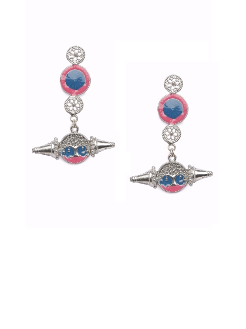 

DIVA WALK Silver-Plated & Blue Enamelled Circular Drop Earrings