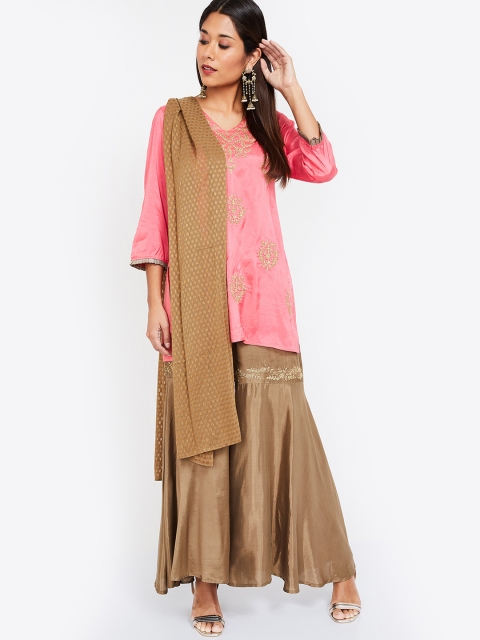Melange by Lifestyle Women Coral & Brown Embroidered Kurta with Sharara & Dupatta