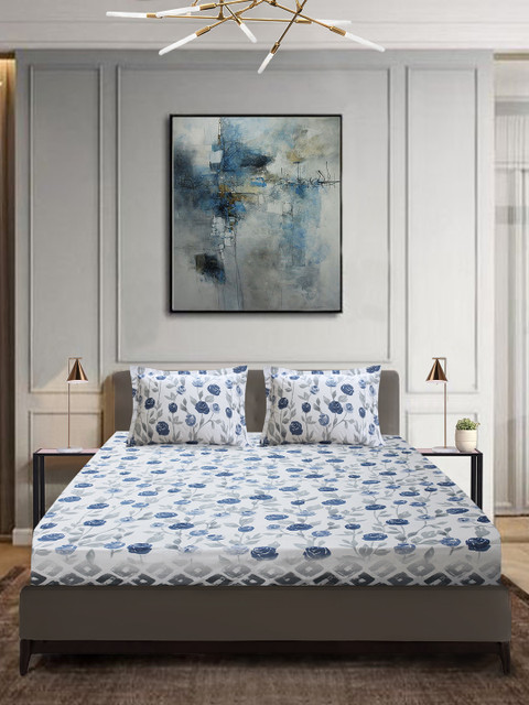 

Aura White & Blue Floral 144 TC Cotton 1 King Bedsheet with 2 Pillow Covers