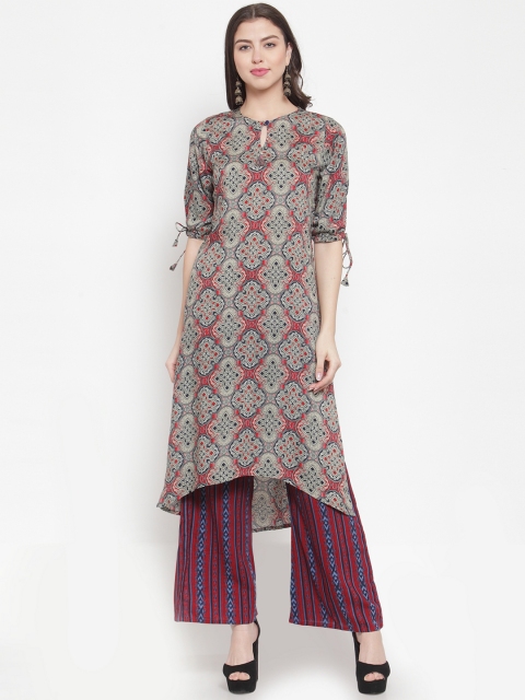 

Aujjessa Women Grey & Maroon Printed Kurta with Palazzos, Grey melange