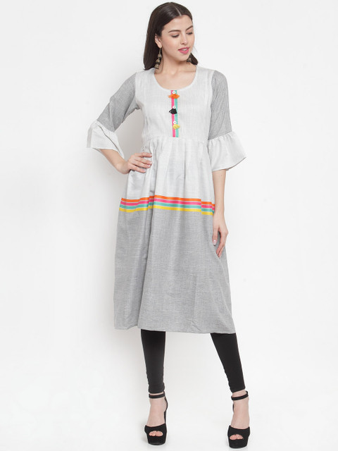 

Aujjessa Women Grey & White Colourblocked A-Line Kurta