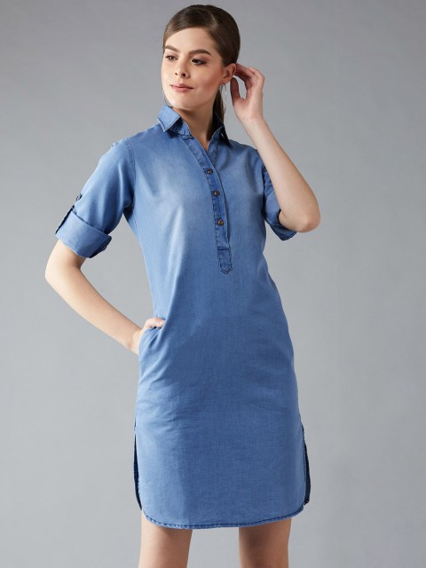 

DOLCE CRUDO Women Solid Blue Denim Shirt Dress