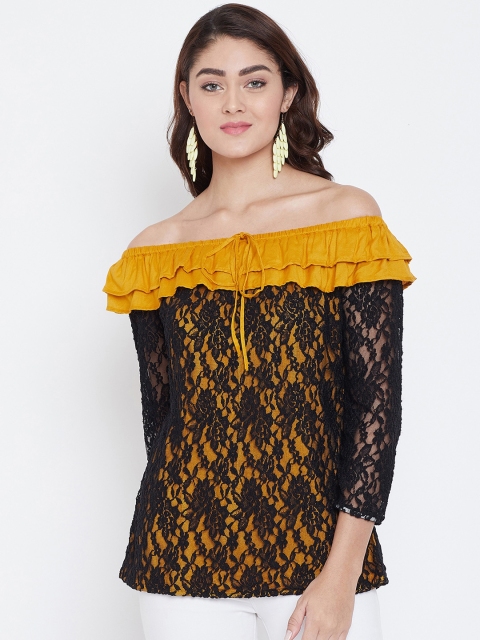 

FIZERA Women Mustard Yellow & Black Self Design Bardot Top