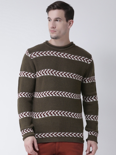 

Club York Men Olive Brown & White Striped Pullover Sweater