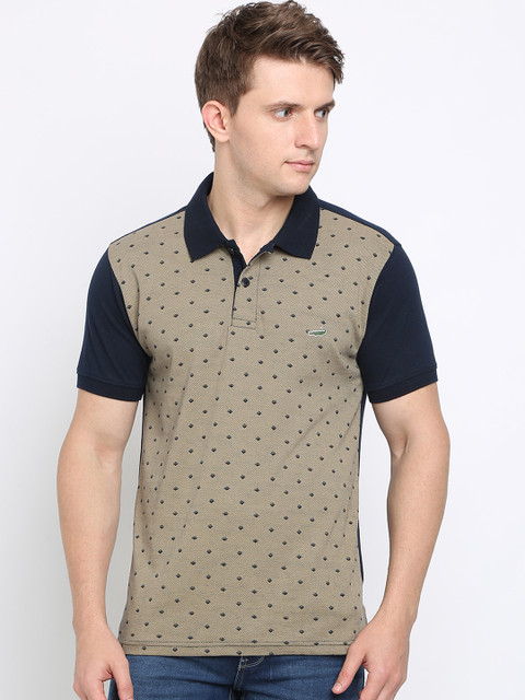 

Crocodile Men Navy Blue & Taupe Slim Fit Printed Polo Collar T-shirt