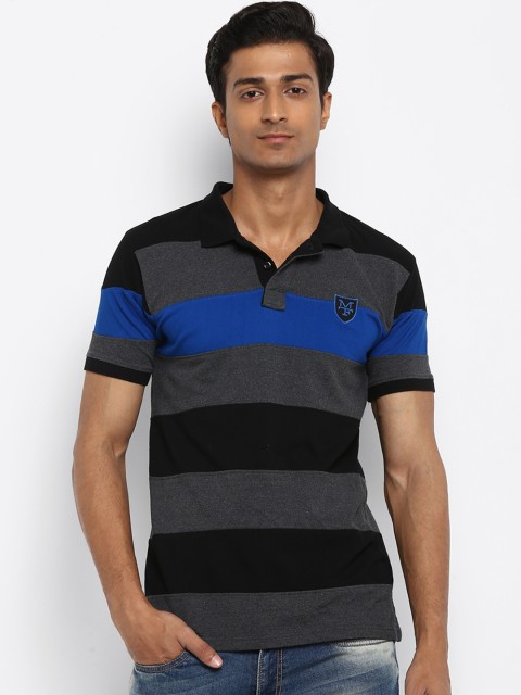 

Mufti Men Grey Striped Polo Collar Pure Cotton T-shirt